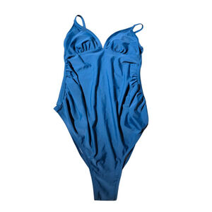 Women's Cupshe Blue Ruched V-Neck One Piece Swimsuit M